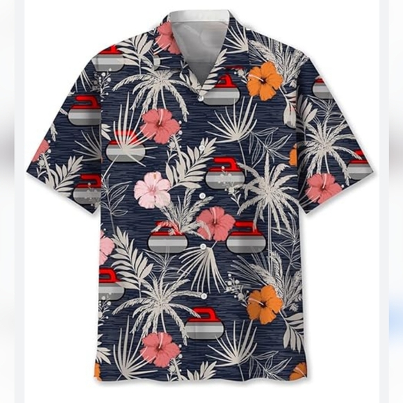 Curling Winter Sport Hawaiian Shirts Summer Button Down Mens Sz.XL - Picture 1 of 5